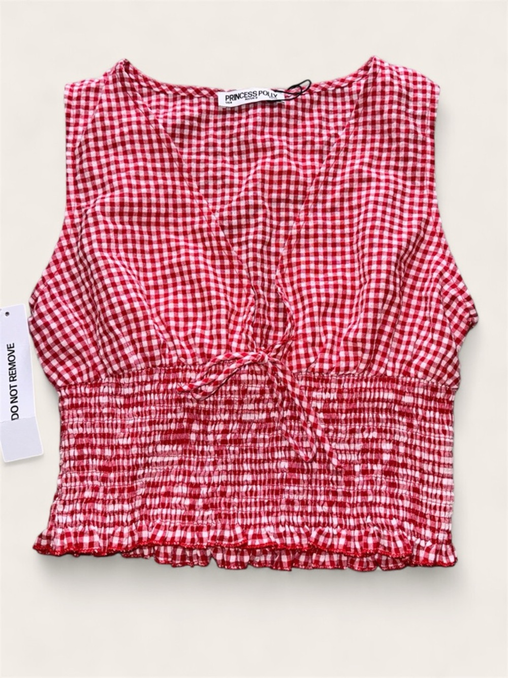 Princess Polly Red Gingham Tie-Front Smocked Tank
